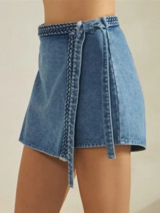 P91. Women's Braided Trim Denim Skort - Picture 2 of 7